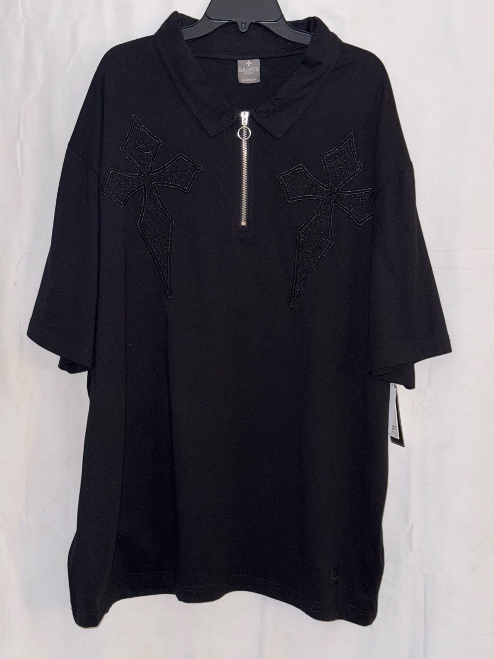 NWT Saints Studio Black Short-Sleeve Zip Polo with Embroidered Crosses Size XXL
